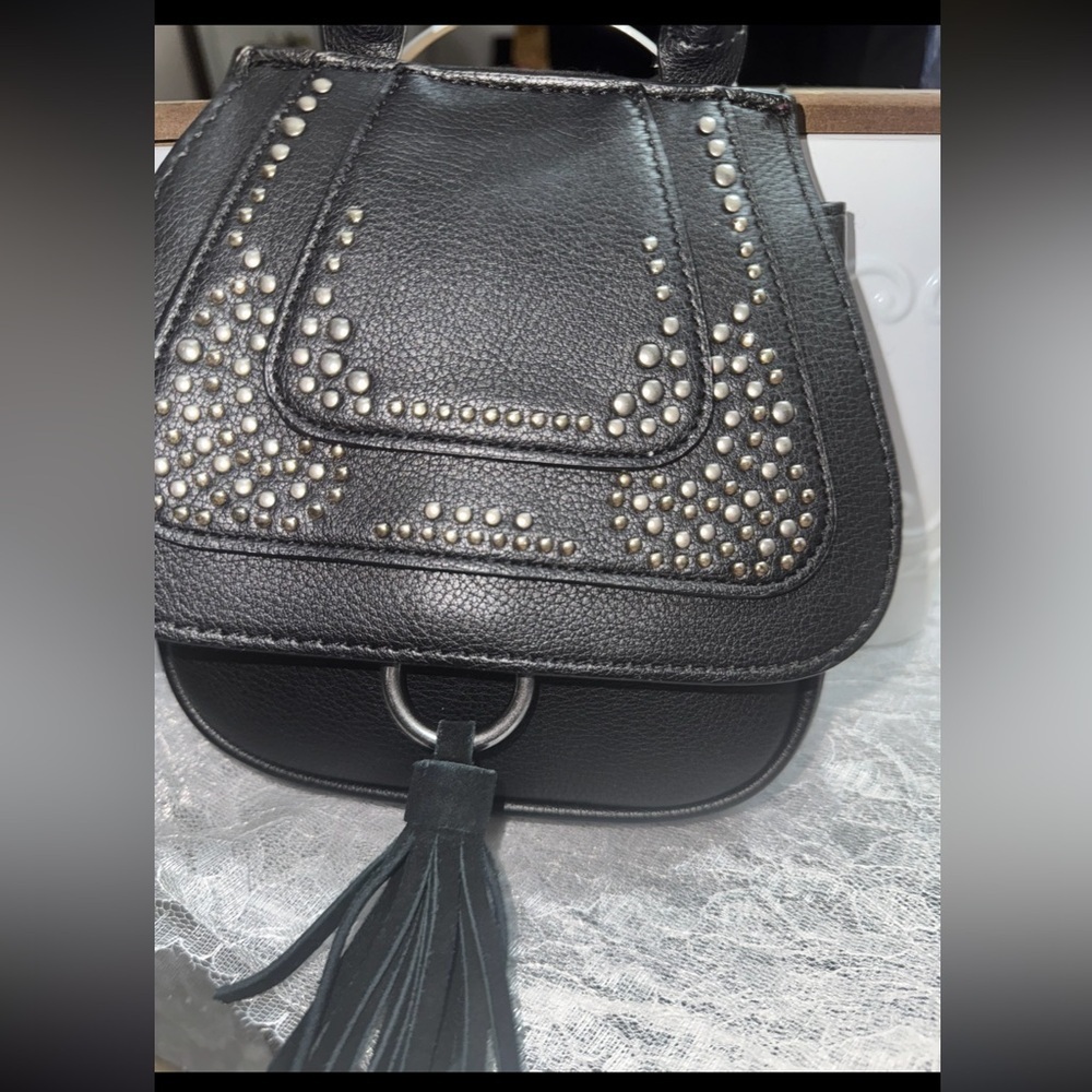 American Eagle black leather Silver Studs/Tassel top handle mini satchel - Picture 7 of 10